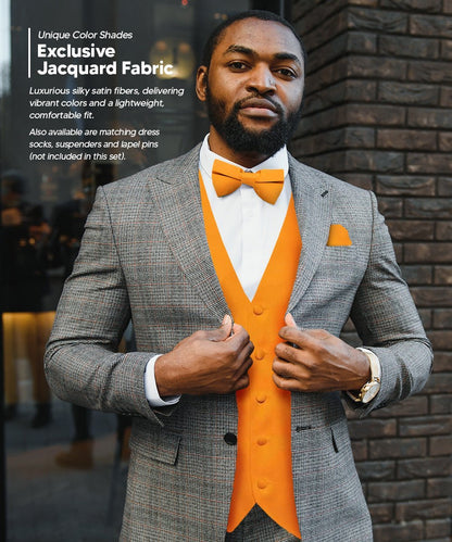 Solid Vest Set with White Back (Vest, Bow Tie, Necktie and Pocket Square) by Vittorio Farina: Mustard, Orange, Pink, Silver, Turquoise, White and Yellow (vest_plain_WB_orange_XS) for Independent Retail Stores by Dubal Brothers