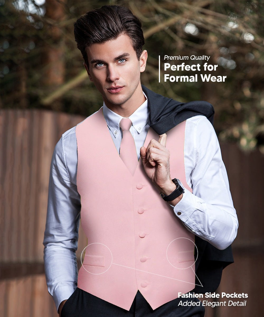 Solid Vest Set with White Back (Vest, Bow Tie, Necktie and Pocket Square) by Vittorio Farina: Mustard, Orange, Pink, Silver, Turquoise, White and Yellow (vest_plain_WB_pink_XS) for Independent Retail Stores by Dubal Brothers