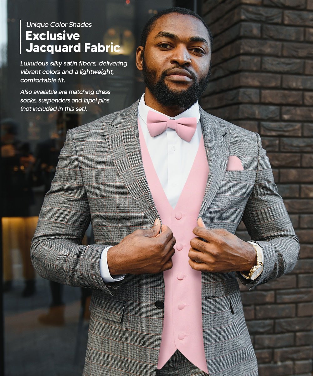 Solid Vest Set with White Back (Vest, Bow Tie, Necktie and Pocket Square) by Vittorio Farina: Mustard, Orange, Pink, Silver, Turquoise, White and Yellow (vest_plain_WB_pink_XS) for Independent Retail Stores by Dubal Brothers