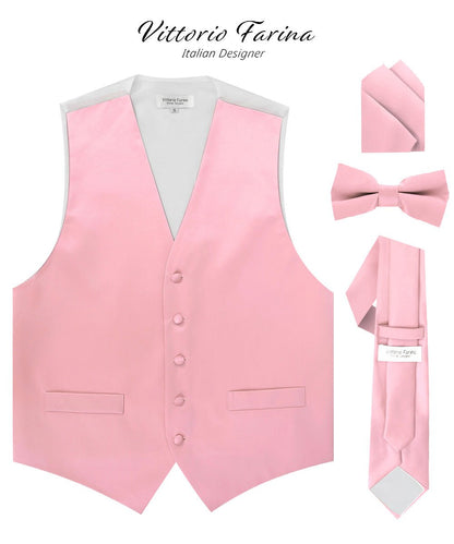 Solid Vest Set with White Back (Vest, Bow Tie, Necktie and Pocket Square) by Vittorio Farina: Mustard, Orange, Pink, Silver, Turquoise, White and Yellow (vest_plain_WB_pink_XS) for Independent Retail Stores by Dubal Brothers