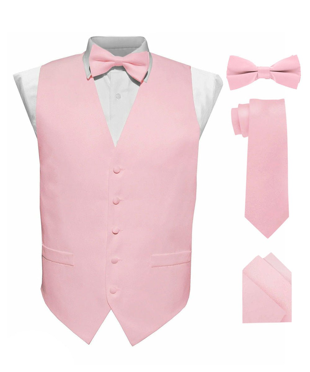 Solid Vest Set with White Back (Vest, Bow Tie, Necktie and Pocket Square) by Vittorio Farina: Mustard, Orange, Pink, Silver, Turquoise, White and Yellow (vest_plain_WB_pink_XS) for Independent Retail Stores by Dubal Brothers