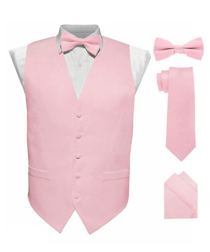 Solid Vest Set with White Back (Vest, Bow Tie, Necktie and Pocket Square) by Vittorio Farina: Mustard, Orange, Pink, Silver, Turquoise, White and Yellow (vest_plain_WB_pink_XS) for Independent Retail Stores by Dubal Brothers
