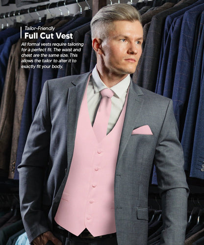 Solid Vest Set with White Back (Vest, Bow Tie, Necktie and Pocket Square) by Vittorio Farina: Mustard, Orange, Pink, Silver, Turquoise, White and Yellow (vest_plain_WB_pink_XS) for Independent Retail Stores by Dubal Brothers