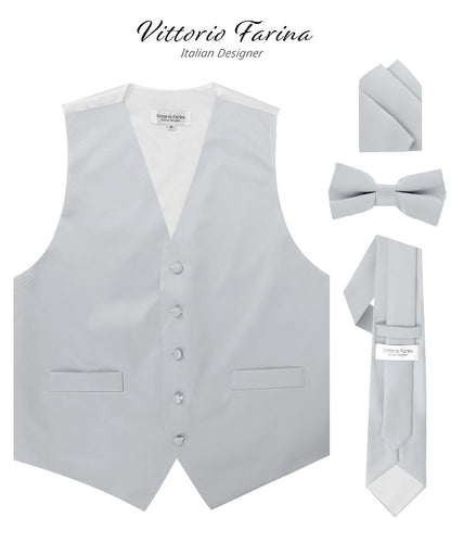 Solid Vest Set with White Back (Vest, Bow Tie, Necktie and Pocket Square) by Vittorio Farina: Mustard, Orange, Pink, Silver, Turquoise, White and Yellow (vest_plain_WB_silvergrey_XS) for Independent Retail Stores by Dubal Brothers