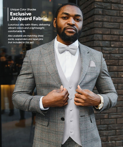 Solid Vest Set with White Back (Vest, Bow Tie, Necktie and Pocket Square) by Vittorio Farina: Mustard, Orange, Pink, Silver, Turquoise, White and Yellow (vest_plain_WB_silvergrey_XS) for Independent Retail Stores by Dubal Brothers