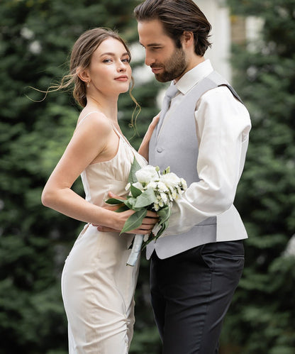 Solid Vest Set with White Back (Vest, Bow Tie, Necktie and Pocket Square) by Vittorio Farina: Mustard, Orange, Pink, Silver, Turquoise, White and Yellow (vest_plain_WB_silvergrey_XS) for Independent Retail Stores by Dubal Brothers