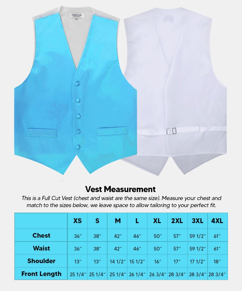 Solid Vest Set with White Back (Vest, Bow Tie, Necktie and Pocket Square) by Vittorio Farina: Mustard, Orange, Pink, Silver, Turquoise, White and Yellow (vest_plain_WB_turquoise_XS) for Independent Retail Stores by Dubal Brothers