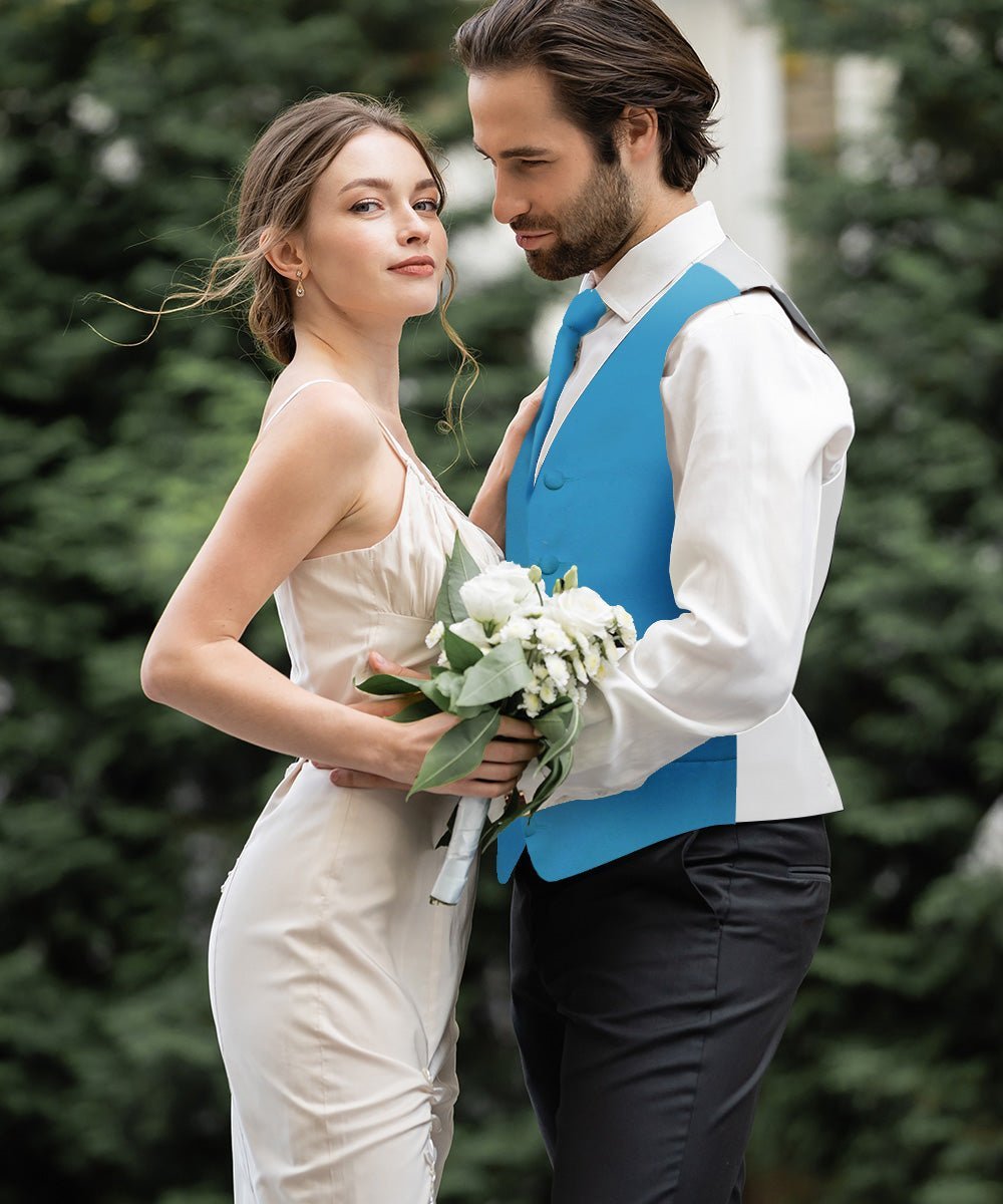 Solid Vest Set with White Back (Vest, Bow Tie, Necktie and Pocket Square) by Vittorio Farina: Mustard, Orange, Pink, Silver, Turquoise, White and Yellow (vest_plain_WB_turquoise_XS) for Independent Retail Stores by Dubal Brothers