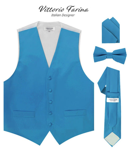 Solid Vest Set with White Back (Vest, Bow Tie, Necktie and Pocket Square) by Vittorio Farina: Mustard, Orange, Pink, Silver, Turquoise, White and Yellow (vest_plain_WB_turquoise_XS) for Independent Retail Stores by Dubal Brothers