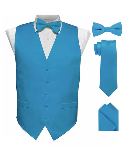 Solid Vest Set with White Back (Vest, Bow Tie, Necktie and Pocket Square) by Vittorio Farina: Mustard, Orange, Pink, Silver, Turquoise, White and Yellow (vest_plain_WB_turquoise_XS) for Independent Retail Stores by Dubal Brothers