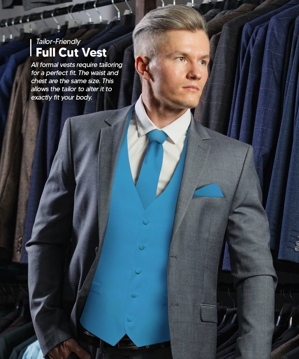 Solid Vest Set with White Back (Vest, Bow Tie, Necktie and Pocket Square) by Vittorio Farina: Mustard, Orange, Pink, Silver, Turquoise, White and Yellow (vest_plain_WB_turquoise_XS) for Independent Retail Stores by Dubal Brothers