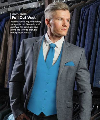 Solid Vest Set with White Back (Vest, Bow Tie, Necktie and Pocket Square) by Vittorio Farina: Mustard, Orange, Pink, Silver, Turquoise, White and Yellow (vest_plain_WB_turquoise_XS) for Independent Retail Stores by Dubal Brothers