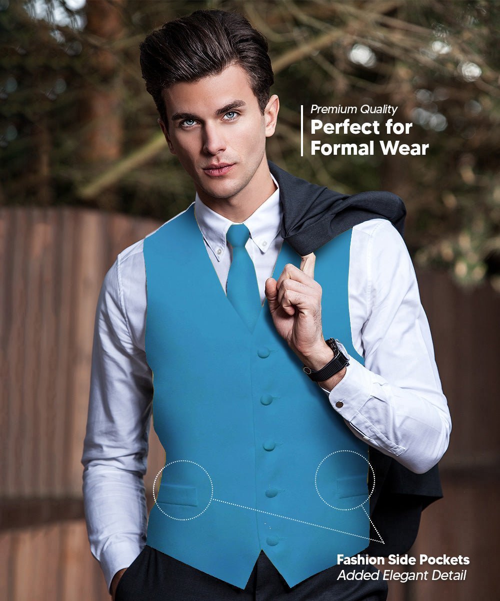 Solid Vest Set with White Back (Vest, Bow Tie, Necktie and Pocket Square) by Vittorio Farina: Mustard, Orange, Pink, Silver, Turquoise, White and Yellow (vest_plain_WB_turquoise_XS) for Independent Retail Stores by Dubal Brothers