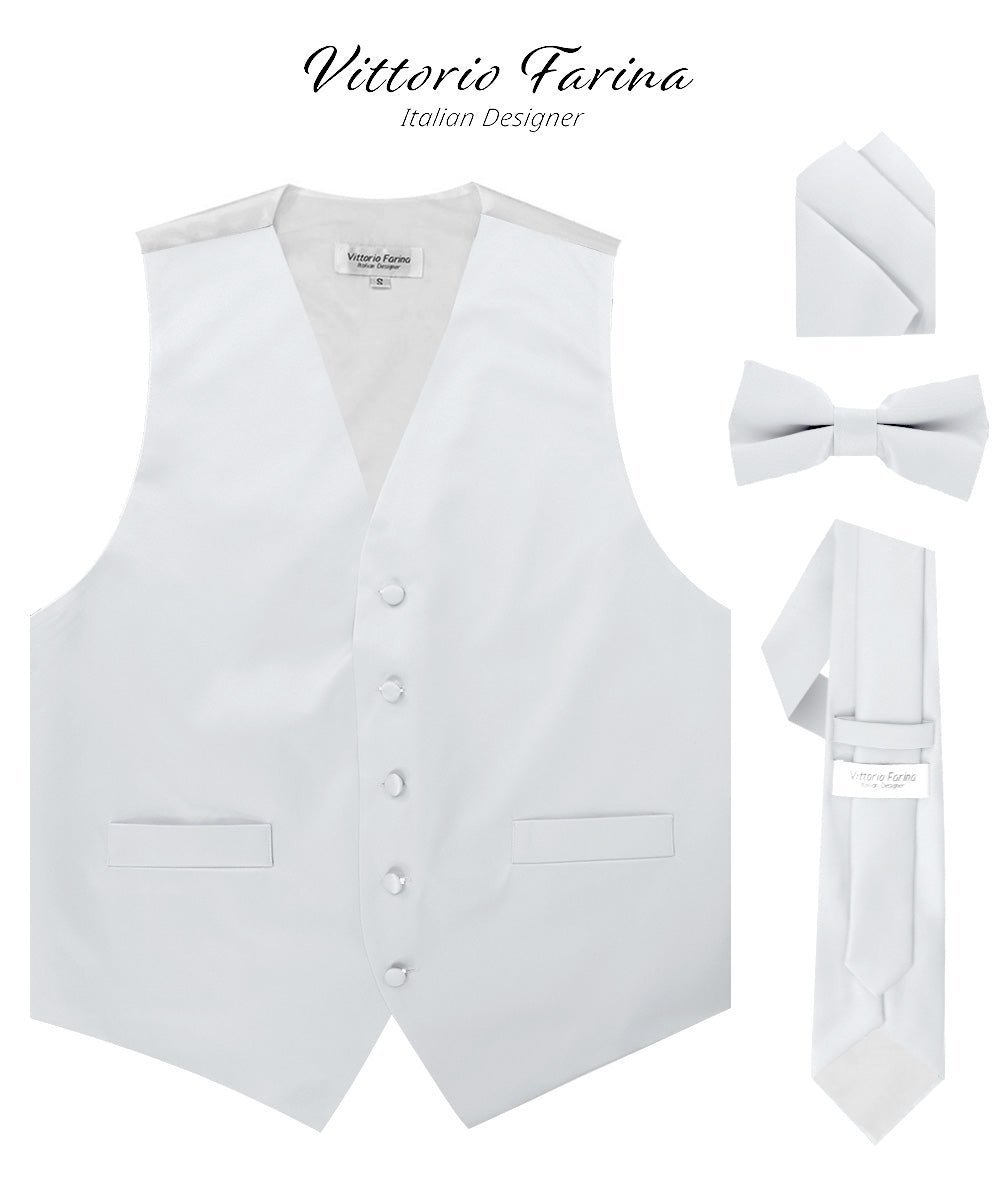 Solid Vest Set with White Back (Vest, Bow Tie, Necktie and Pocket Square) by Vittorio Farina: Mustard, Orange, Pink, Silver, Turquoise, White and Yellow (vest_plain_WB_white_XS) for Independent Retail Stores by Dubal Brothers
