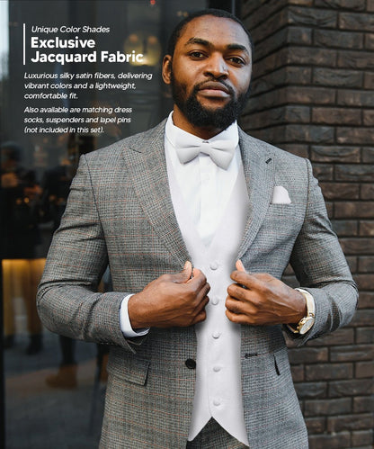 Solid Vest Set with White Back (Vest, Bow Tie, Necktie and Pocket Square) by Vittorio Farina: Mustard, Orange, Pink, Silver, Turquoise, White and Yellow (vest_plain_WB_white_XS) for Independent Retail Stores by Dubal Brothers