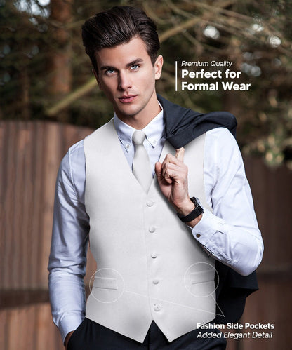 Solid Vest Set with White Back (Vest, Bow Tie, Necktie and Pocket Square) by Vittorio Farina: Mustard, Orange, Pink, Silver, Turquoise, White and Yellow (vest_plain_WB_white_XS) for Independent Retail Stores by Dubal Brothers