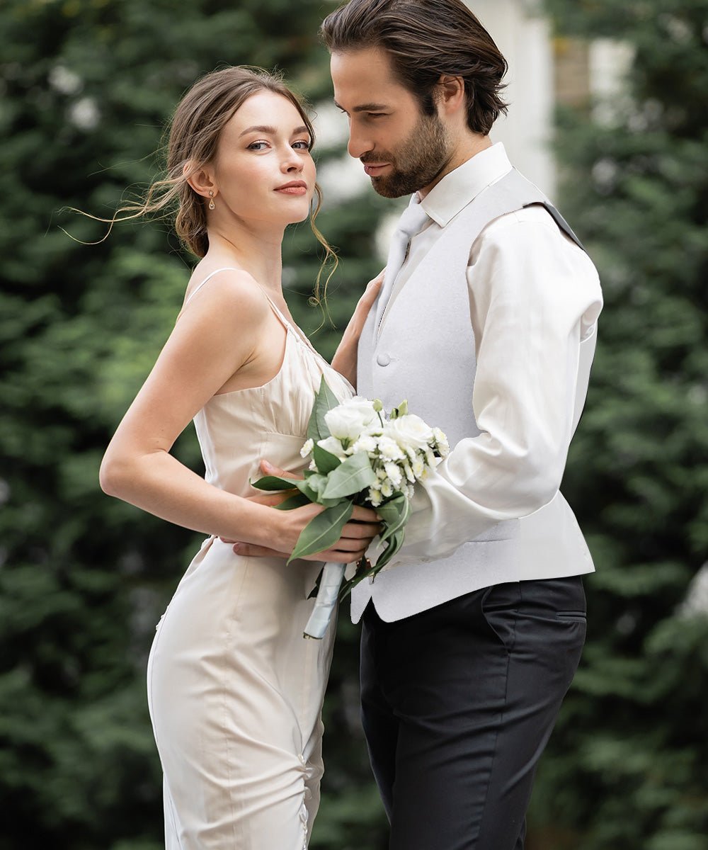 Solid Vest Set with White Back (Vest, Bow Tie, Necktie and Pocket Square) by Vittorio Farina: Mustard, Orange, Pink, Silver, Turquoise, White and Yellow (vest_plain_WB_white_XS) for Independent Retail Stores by Dubal Brothers