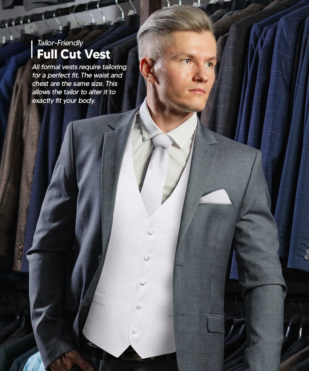 Solid Vest Set with White Back (Vest, Bow Tie, Necktie and Pocket Square) by Vittorio Farina: Mustard, Orange, Pink, Silver, Turquoise, White and Yellow (vest_plain_WB_white_XS) for Independent Retail Stores by Dubal Brothers