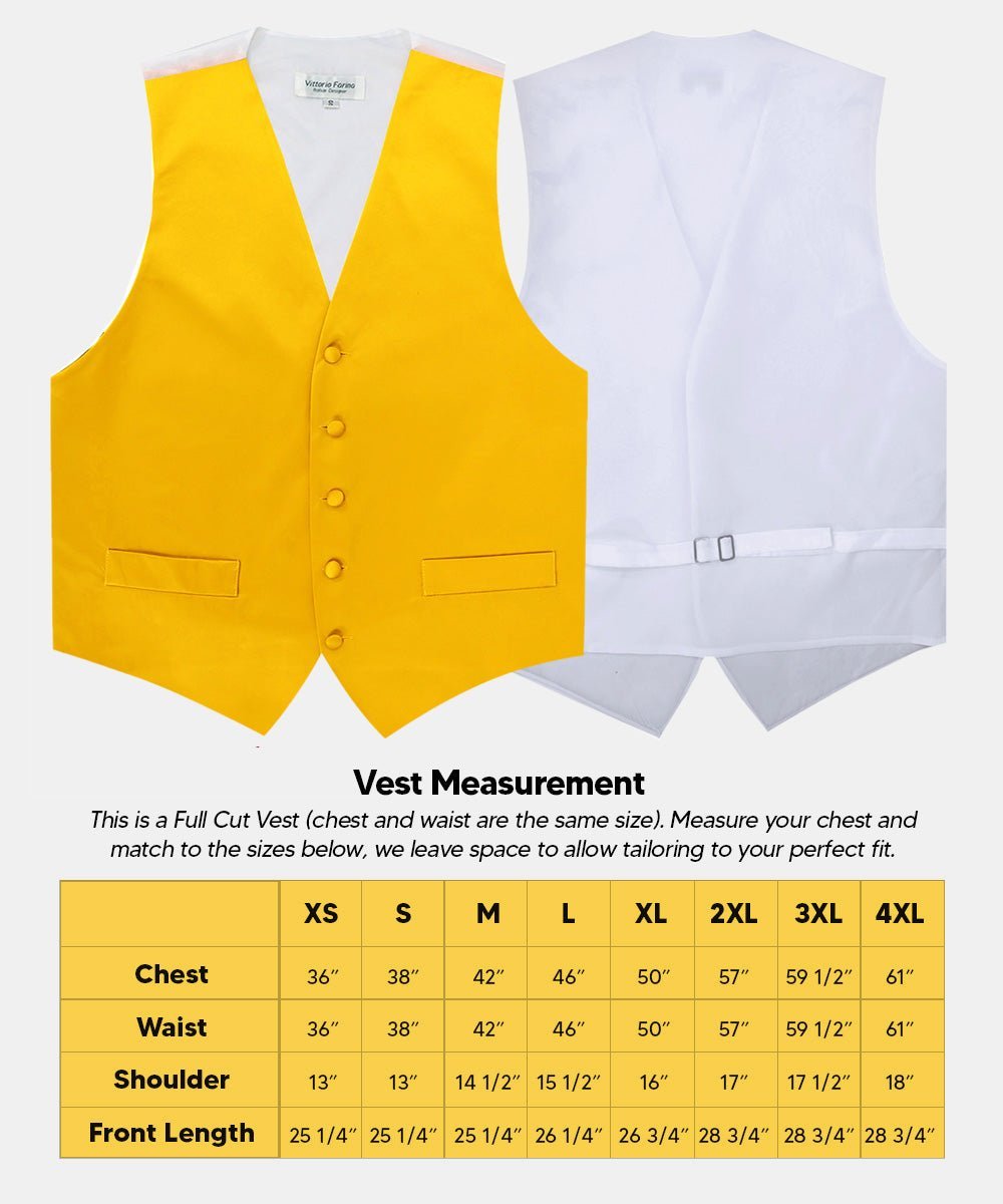 Solid Vest Set with White Back (Vest, Bow Tie, Necktie and Pocket Square) by Vittorio Farina: Mustard, Orange, Pink, Silver, Turquoise, White and Yellow (vest_plain_WB_yellow_XS) for Independent Retail Stores by Dubal Brothers