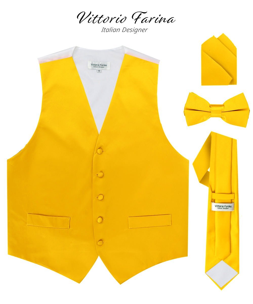 Solid Vest Set with White Back (Vest, Bow Tie, Necktie and Pocket Square) by Vittorio Farina: Mustard, Orange, Pink, Silver, Turquoise, White and Yellow (vest_plain_WB_yellow_XS) for Independent Retail Stores by Dubal Brothers