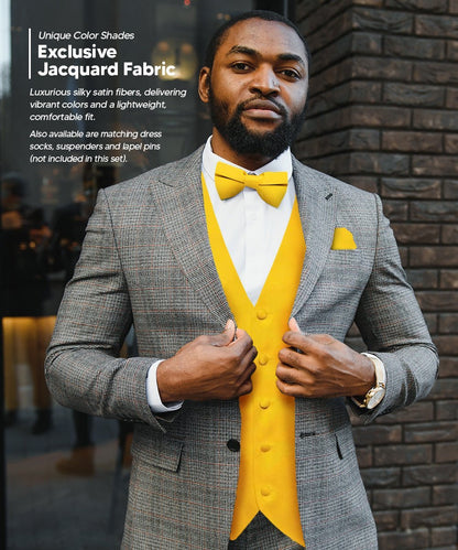 Solid Vest Set with White Back (Vest, Bow Tie, Necktie and Pocket Square) by Vittorio Farina: Mustard, Orange, Pink, Silver, Turquoise, White and Yellow (vest_plain_WB_yellow_XS) for Independent Retail Stores by Dubal Brothers