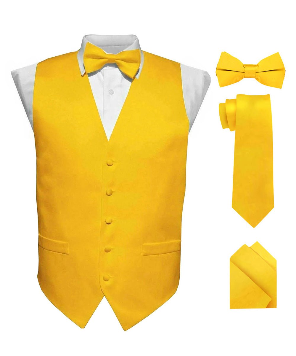 Solid Vest Set with White Back (Vest, Bow Tie, Necktie and Pocket Square) by Vittorio Farina: Mustard, Orange, Pink, Silver, Turquoise, White and Yellow (vest_plain_WB_yellow_XS) for Independent Retail Stores by Dubal Brothers