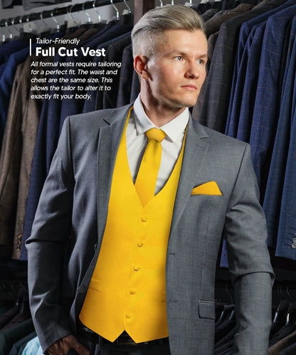 Solid Vest Set with White Back (Vest, Bow Tie, Necktie and Pocket Square) by Vittorio Farina: Mustard, Orange, Pink, Silver, Turquoise, White and Yellow (vest_plain_WB_yellow_XS) for Independent Retail Stores by Dubal Brothers