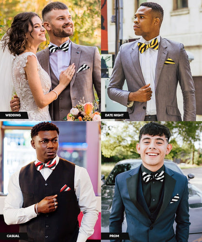 Striped Bow Tie & Pocket Square in a Box (Multipacks) by Vittorio Farina - Black and White/Black and Gold/Black, White & Red - Wholesale Bow Tie & Pocket Square by Dubal Brothers