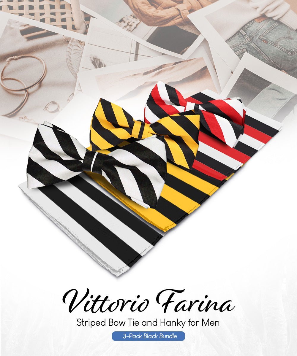 Striped Bow Tie & Pocket Square in a Box (Multipacks) by Vittorio Farina - Black and White/Black and Gold/Black, White & Red - Wholesale Bow Tie & Pocket Square by Dubal Brothers