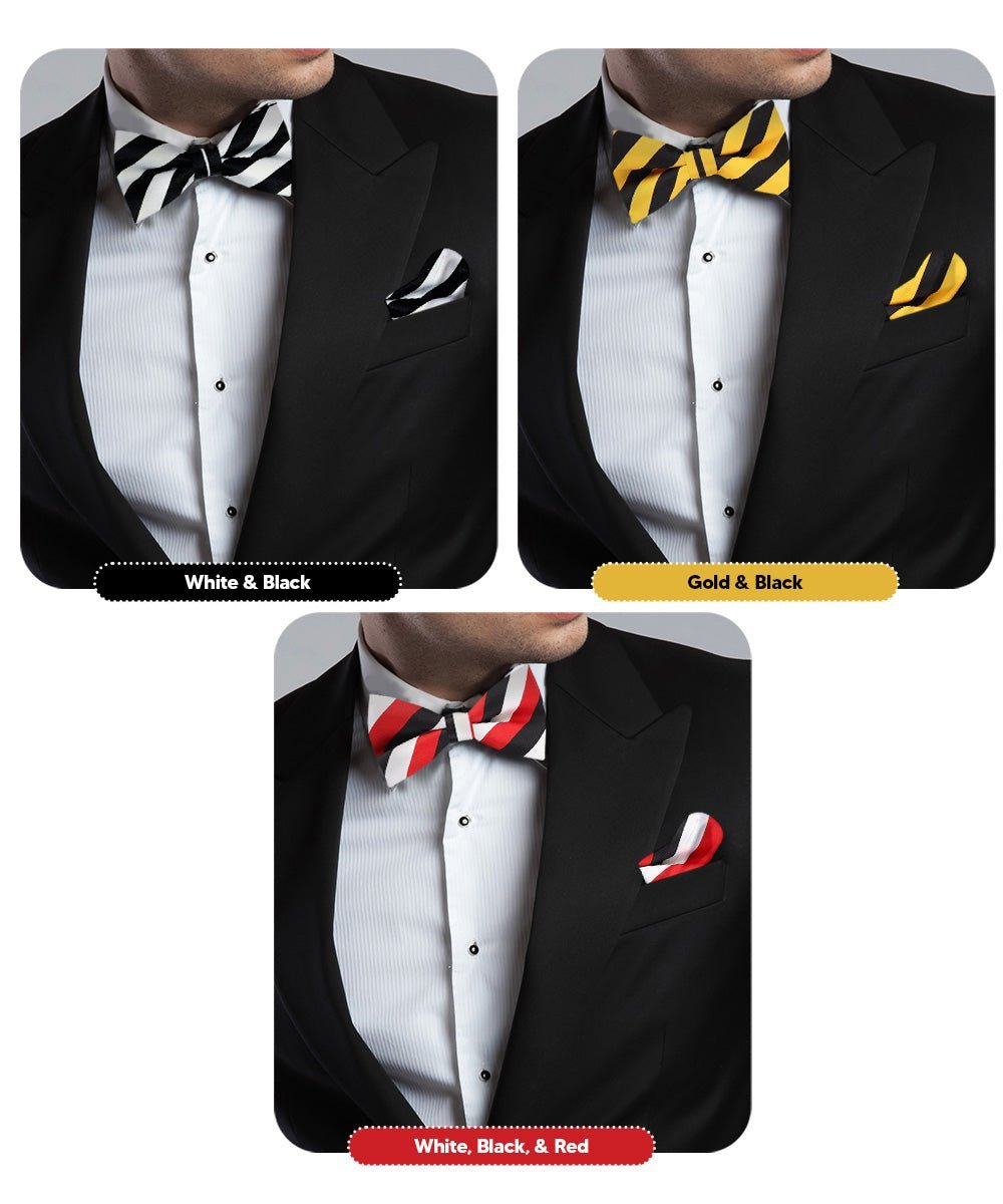 Striped Bow Tie & Pocket Square in a Box (Multipacks) by Vittorio Farina - Black and White/Black and Gold/Black, White & Red - Wholesale Bow Tie & Pocket Square by Dubal Brothers