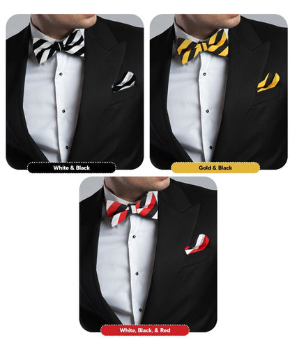 Striped Bow Tie & Pocket Square in a Box (Multipacks) by Vittorio Farina - Black and White/Black and Gold/Black, White & Red - Wholesale Bow Tie & Pocket Square by Dubal Brothers