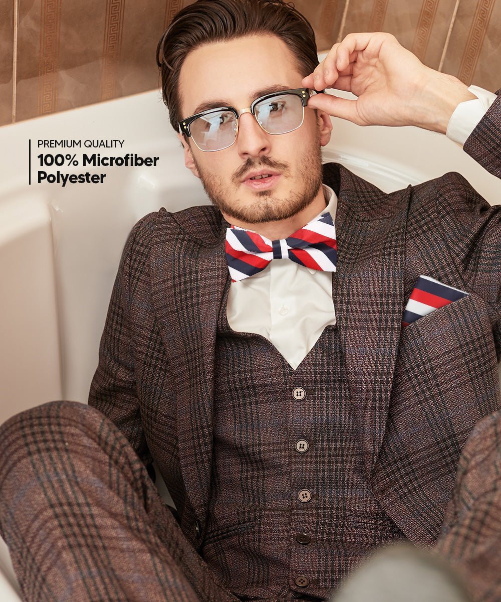 Striped Bow Tie & Pocket Square in a Box (Multipacks) by Vittorio Farina - White, Red and Navy Blue/Navy Blue and Gray/Royal Blue and White - Wholesale Bow Tie & Pocket Square by Dubal Brothers