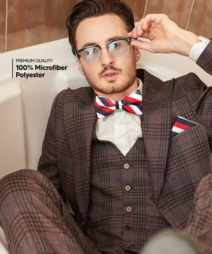Striped Bow Tie & Pocket Square in a Box (Multipacks) by Vittorio Farina - White, Red and Navy Blue/Navy Blue and Gray/Royal Blue and White - Wholesale Bow Tie & Pocket Square by Dubal Brothers