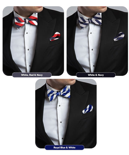 Striped Bow Tie & Pocket Square in a Box (Multipacks) by Vittorio Farina - White, Red and Navy Blue/Navy Blue and Gray/Royal Blue and White - Wholesale Bow Tie & Pocket Square by Dubal Brothers