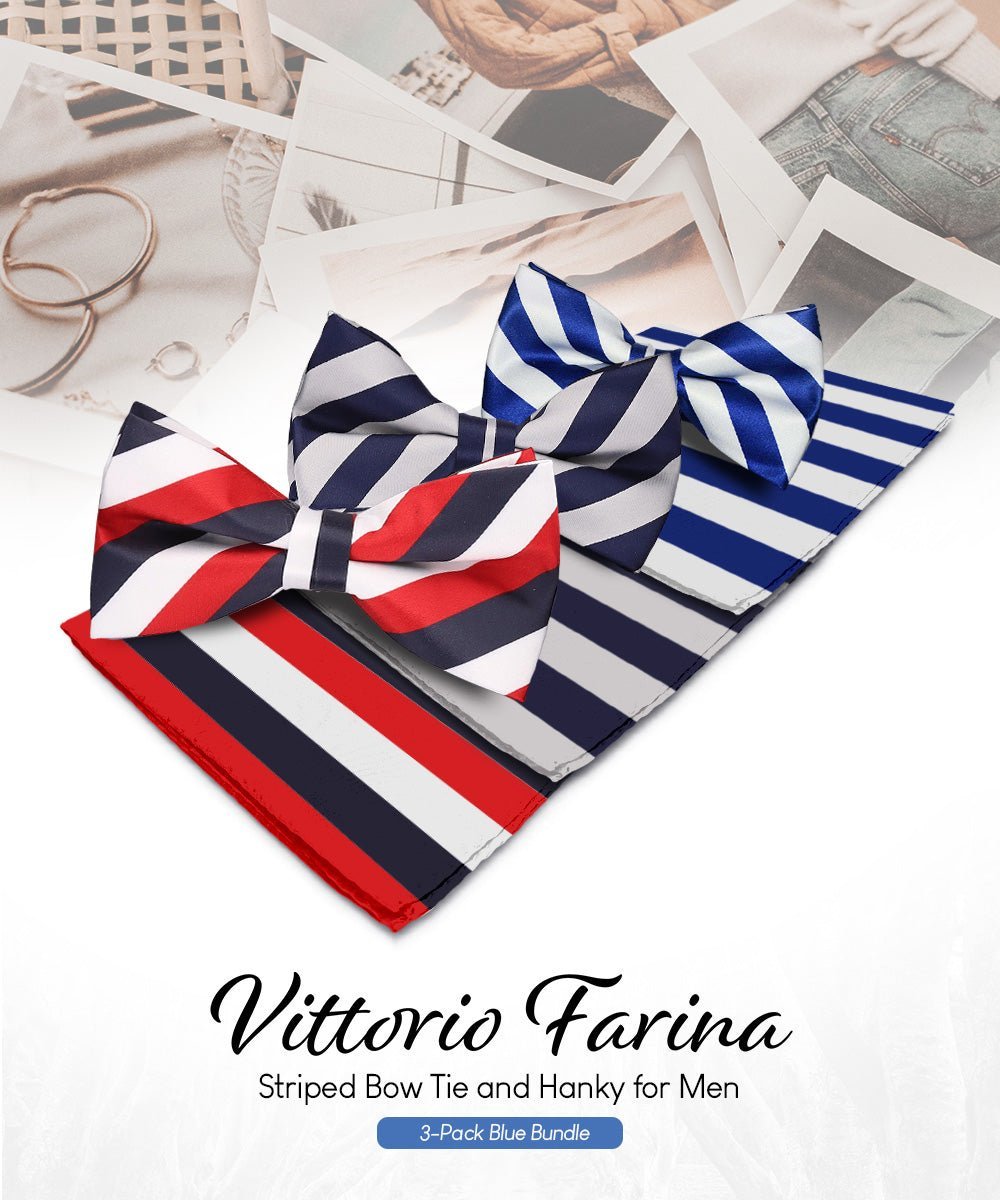 Striped Bow Tie & Pocket Square in a Box (Multipacks) by Vittorio Farina - White, Red and Navy Blue/Navy Blue and Gray/Royal Blue and White - Wholesale Bow Tie & Pocket Square by Dubal Brothers