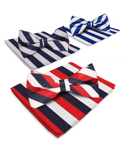 Striped Bow Tie & Pocket Square in a Box (Multipacks) by Vittorio Farina - White, Red and Navy Blue/Navy Blue and Gray/Royal Blue and White - Wholesale Bow Tie & Pocket Square by Dubal Brothers