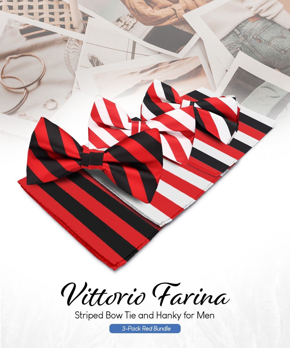 Striped Bow Tie & Pocket Square in a Box (Multipacks) by Vittorio Farina - Red and White/Red and Black/Red, White and Black - Wholesale Bow Tie & Pocket Square by Dubal Brothers