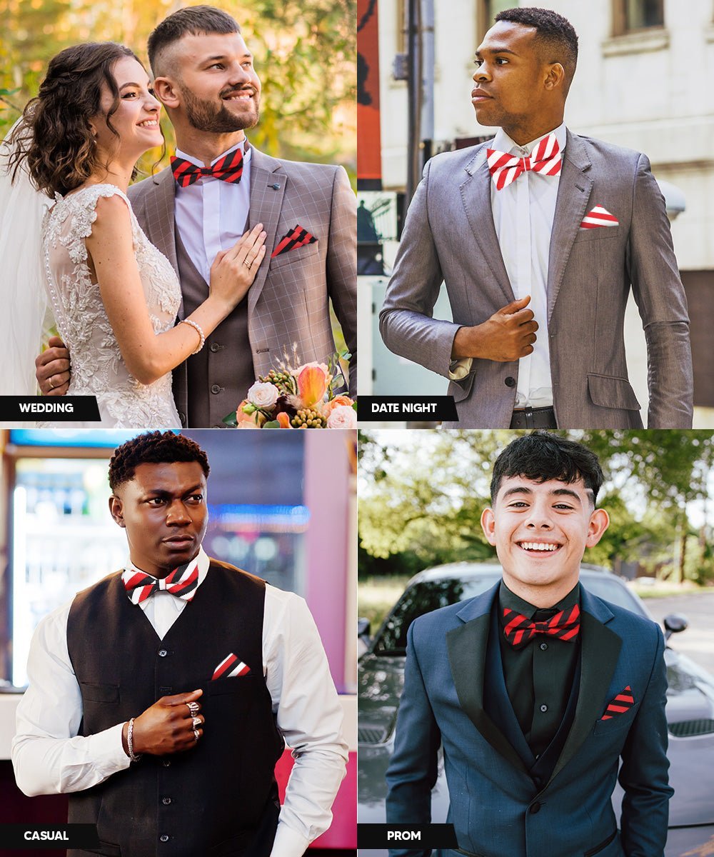 Striped Bow Tie & Pocket Square in a Box (Multipacks) by Vittorio Farina - Red and White/Red and Black/Red, White and Black - Wholesale Bow Tie & Pocket Square by Dubal Brothers