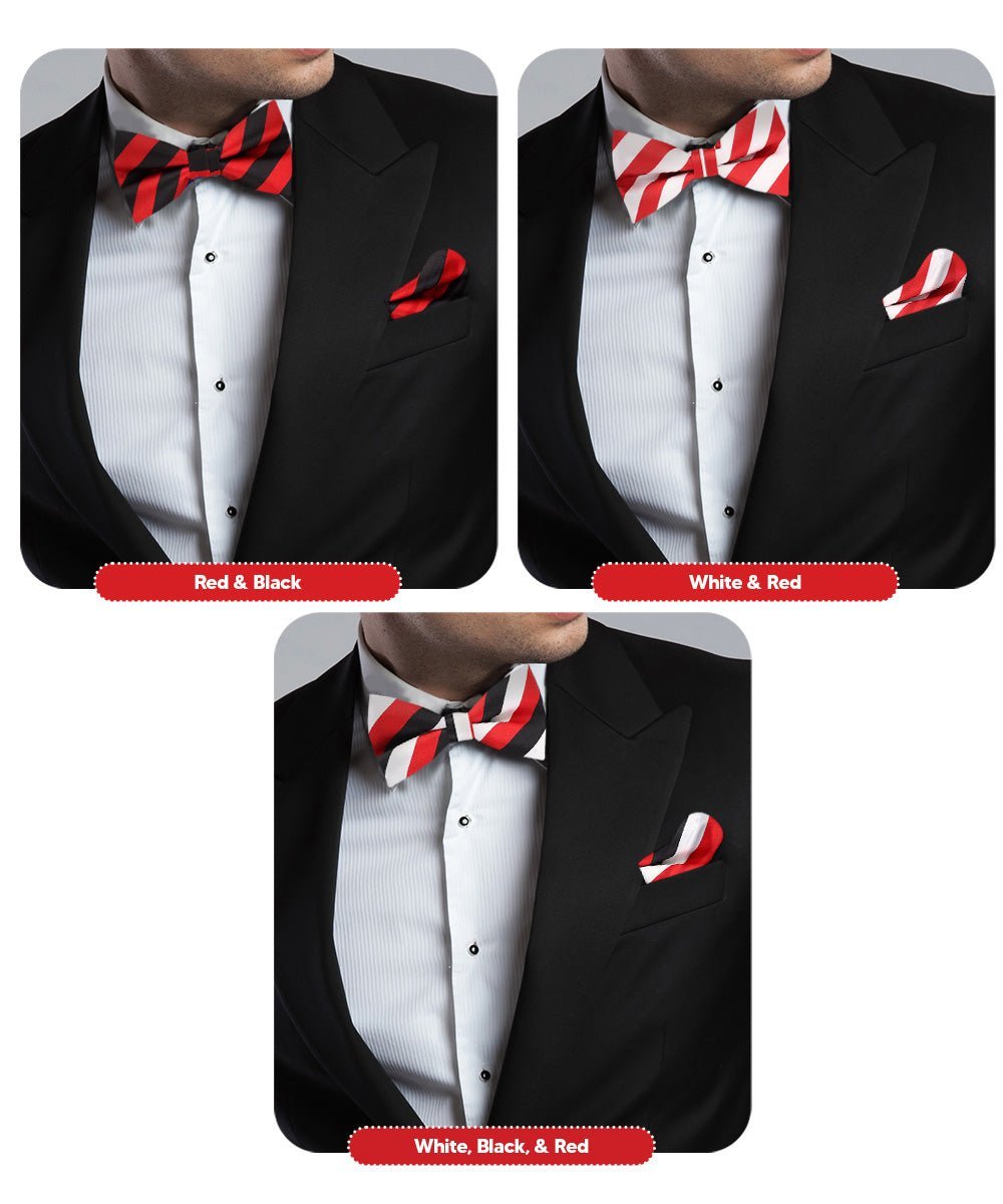Striped Bow Tie & Pocket Square in a Box (Multipacks) by Vittorio Farina - Red and White/Red and Black/Red, White and Black - Wholesale Bow Tie & Pocket Square by Dubal Brothers