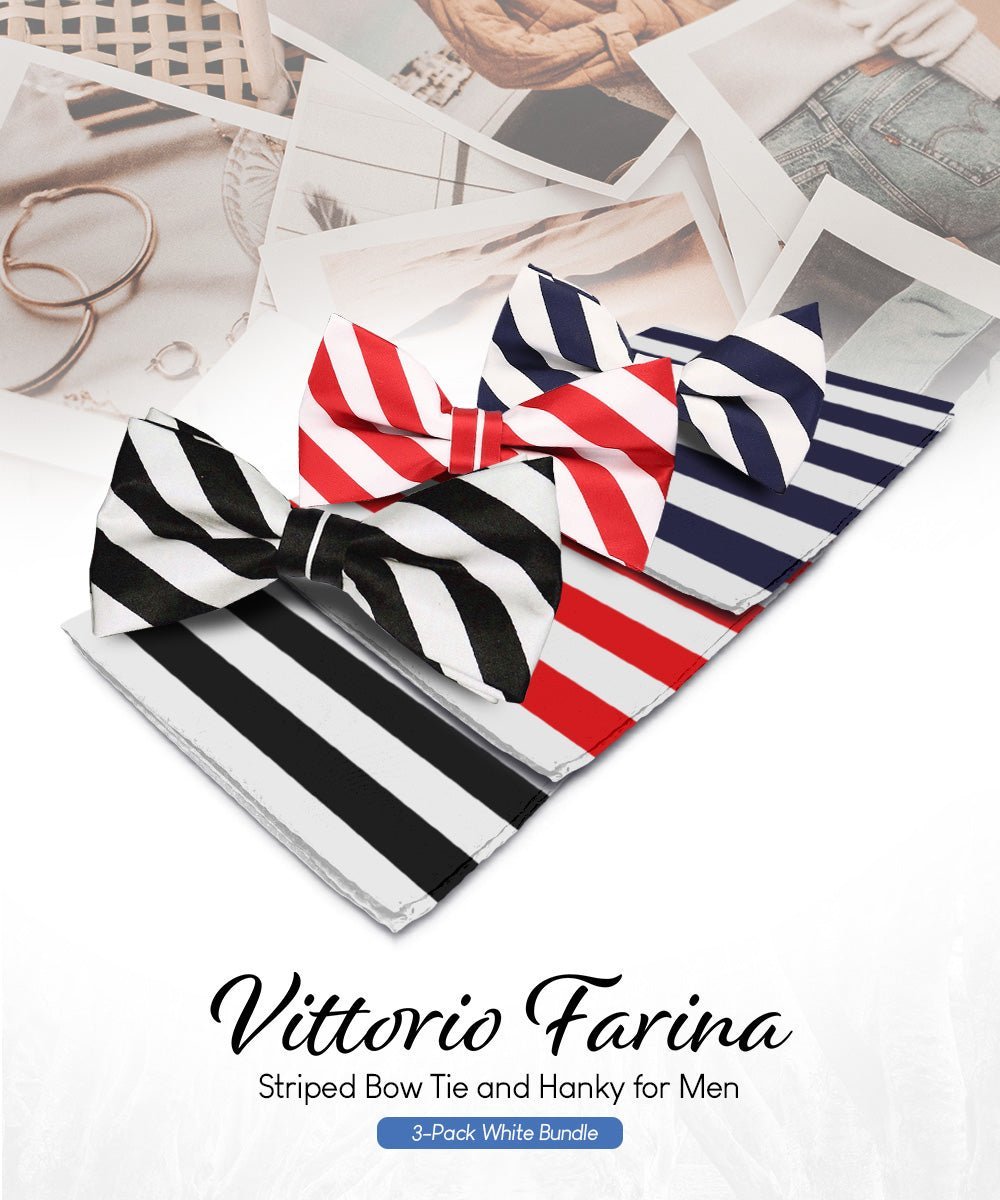 Striped Bow Tie & Pocket Square in a Box (Multipacks) by Vittorio Farina - White and Black/White and Red/White and Navy Blue - Wholesale Bow Tie & Pocket Square by Dubal Brothers