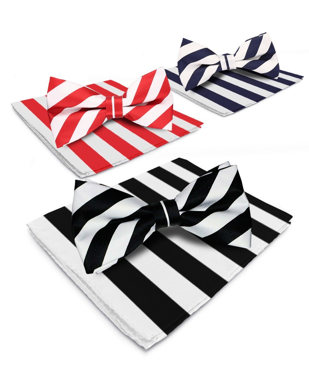 Striped Bow Tie & Pocket Square in a Box (Multipacks) by Vittorio Farina - White and Black/White and Red/White and Navy Blue - Wholesale Bow Tie & Pocket Square by Dubal Brothers