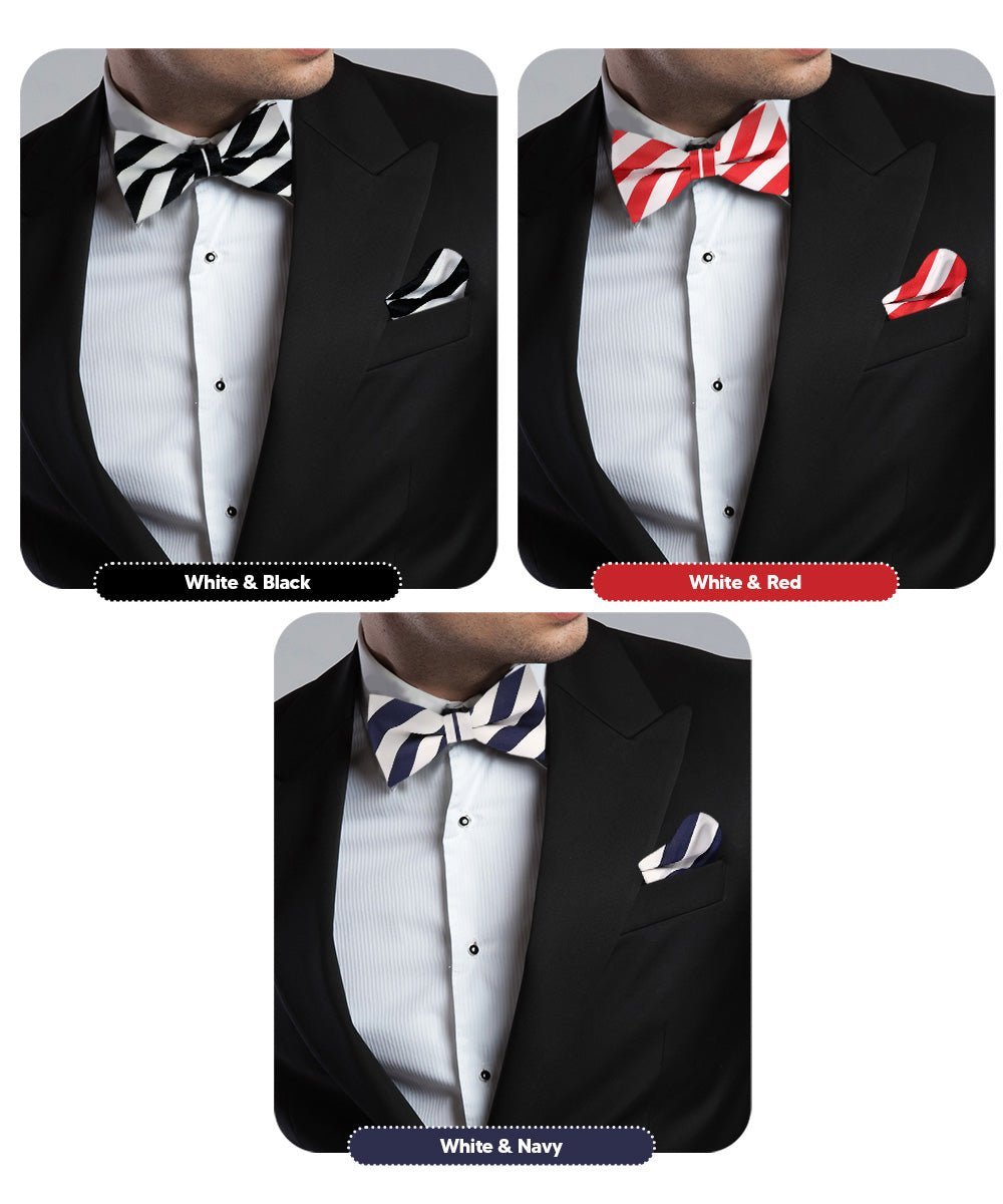 Striped Bow Tie & Pocket Square in a Box (Multipacks) by Vittorio Farina - White and Black/White and Red/White and Navy Blue - Wholesale Bow Tie & Pocket Square by Dubal Brothers