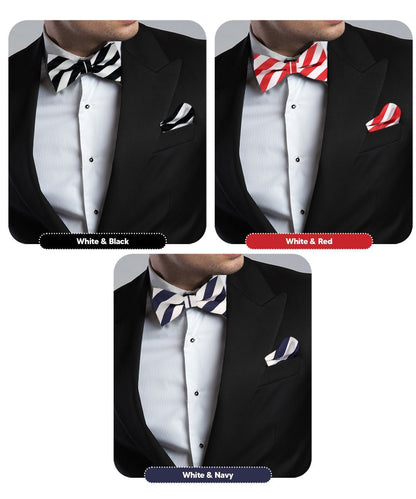 Striped Bow Tie & Pocket Square in a Box (Multipacks) by Vittorio Farina - White and Black/White and Red/White and Navy Blue - Wholesale Bow Tie & Pocket Square by Dubal Brothers