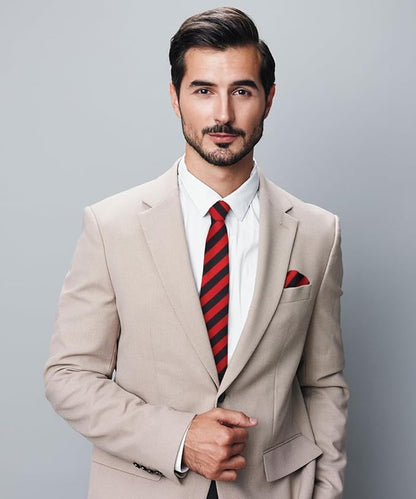 Striped Necktie & Pocket Square by Vittorio Farina (NH - STRIPEE_01_RED_BLACK) for Independent Retail Stores by Dubal Brothers