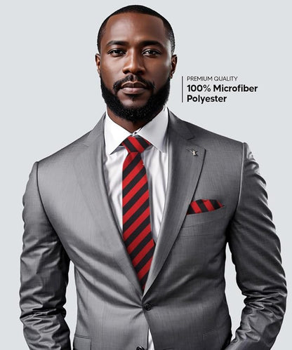 Striped Necktie & Pocket Square by Vittorio Farina (NH - STRIPEE_01_RED_BLACK) for Independent Retail Stores by Dubal Brothers