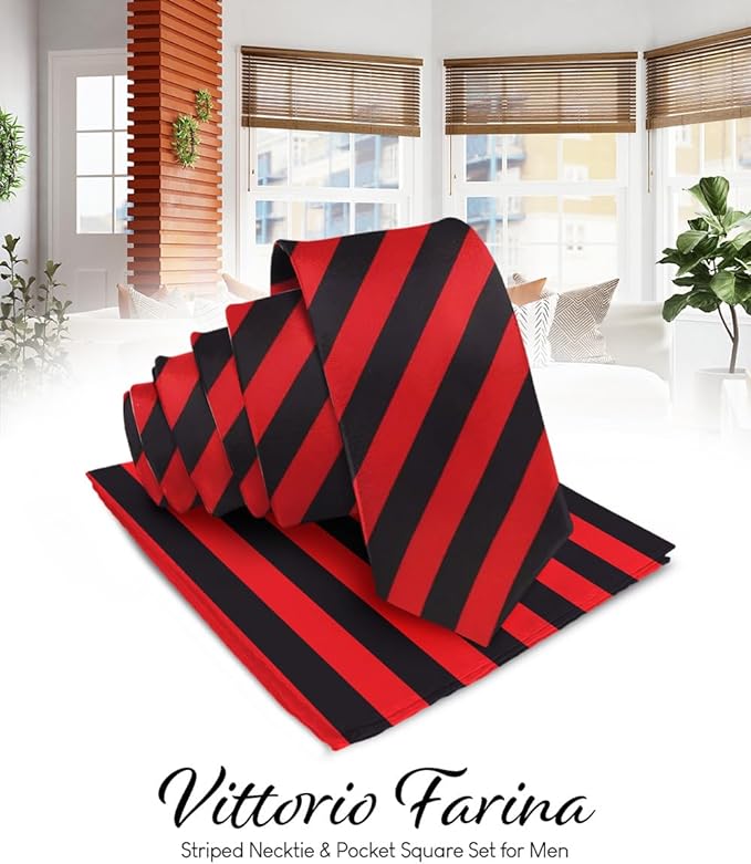 Striped Necktie & Pocket Square by Vittorio Farina (NH - STRIPEE_01_RED_BLACK) for Independent Retail Stores by Dubal Brothers