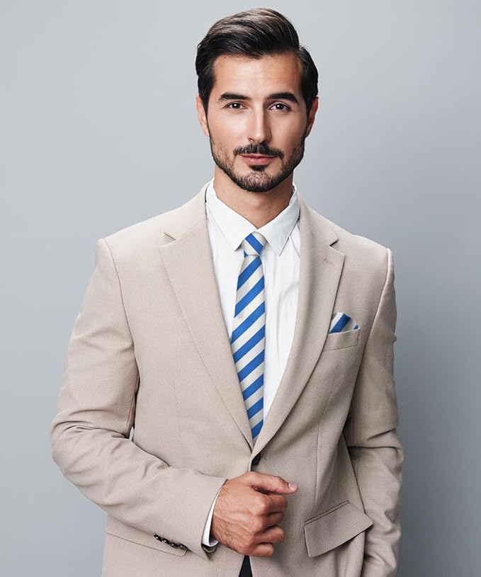 Striped Necktie & Pocket Square by Vittorio Farina (NH - STRIPEE_02_ROYAL - BLUE_WHITE) for Independent Retail Stores by Dubal Brothers