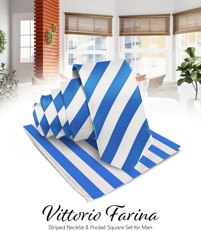 Striped Necktie & Pocket Square by Vittorio Farina (NH - STRIPEE_02_ROYAL - BLUE_WHITE) for Independent Retail Stores by Dubal Brothers