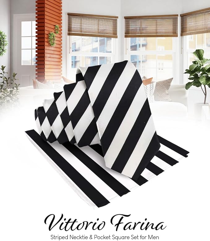 Striped Necktie & Pocket Square by Vittorio Farina (NH - STRIPEE_03_BLACK_WHITE) for Independent Retail Stores by Dubal Brothers