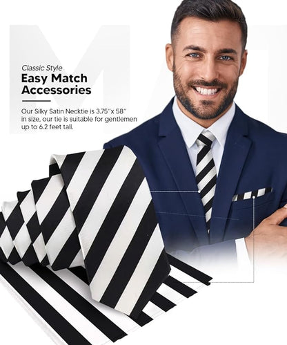 Striped Necktie & Pocket Square by Vittorio Farina (NH - STRIPEE_03_BLACK_WHITE) for Independent Retail Stores by Dubal Brothers